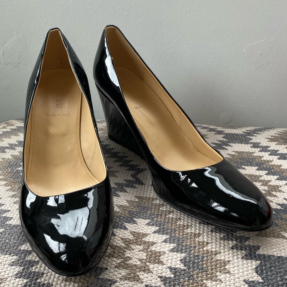 Black patent leather J.Crew wedge heels